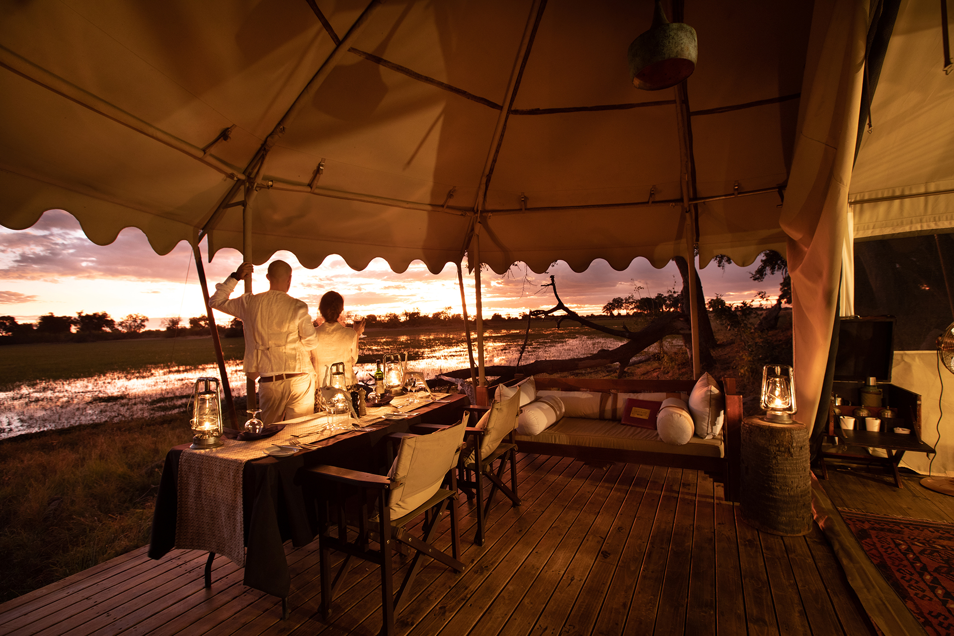 Great plains duba explorers camp in tent dinner setup