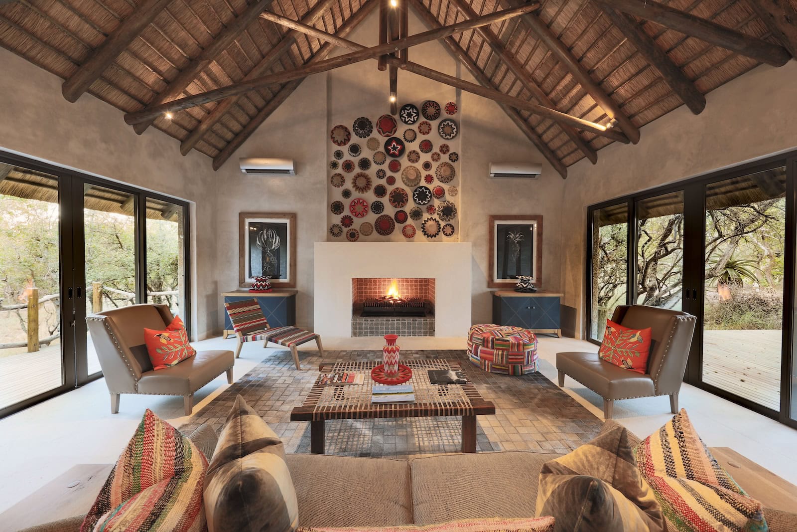 Kapama southern camp library fireplace
